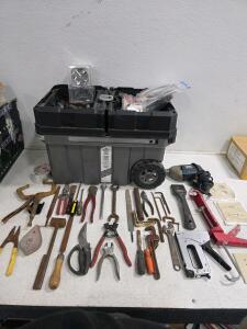 Rolling Tool Box Lot: working Black & Decker Drill 3.5A, Staple Gun, Craftsman Scraper, Assorted Hand Tools