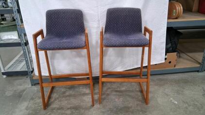 Pair of Mid-Century Modern Wooden Bar Stools with Armrests, Upholstered Seats, 29.5" Height