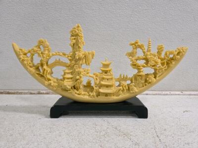 Chinese Faux Ivory Resin Pagoda Landscape Sculpture, 16" Detailed Carving with Stand