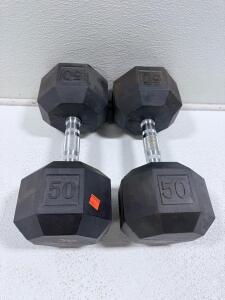 All In Motion 50 lb Hex Rubber Dumbbells Pair &ndash; Chrome Handles, Medium Knurling, 14.06" Length