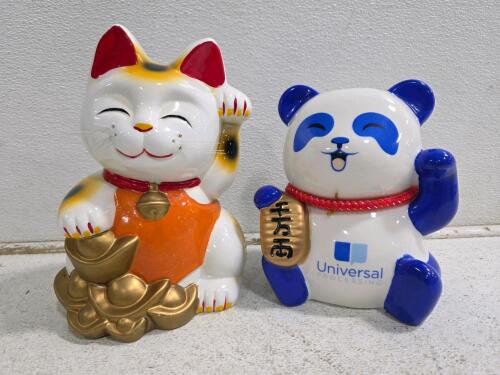 Ceramic Maneki Neko Lucky Cat & Branded Panda Coin Banks, Approx. 6.5" Tall, Glazed, China