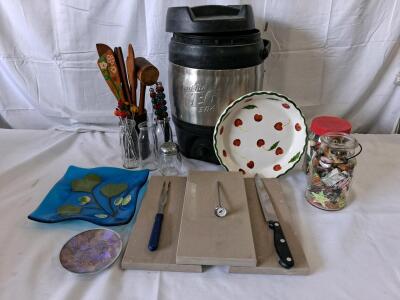 Bubba Keg 384 Insulated Cooler, Cherry Pie Plate, Blue Glass Dish & Kitchen Utensil Lot
