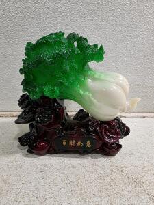 Chinese Cabbage Figurine with Ornate Base and Prosperity Inscription