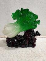 Chinese Cabbage Figurine with Ornate Base and Prosperity Inscription - 2