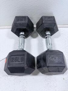 Pair of 25 LB Rubber Hex Dumbbells, Knurled Chrome Handle, Solid Cast Iron Core, Ergonomic Grip