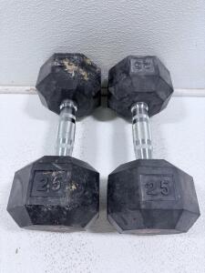 All In Motion 25 lb Rubber Hex Dumbbell Pair, Knurled Steel Handles, Anti-Roll Design