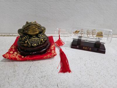 Chinese Feng Shui Wealth Toad & Glass Ship in Bottle Set &ndash; Resin, Gold Accents, Display Bases