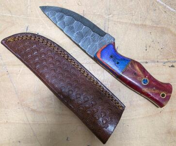 Custom Damascus Fixed Blade Knife, Drop Point, Multicolor Wood and Resin Handle, Leather Sheath