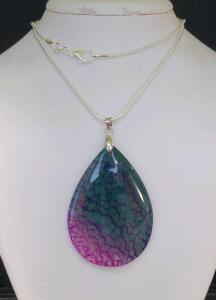 74.00ct Natural Rainbow Dragon Vein Agate Gemstone Teardrop 24" Necklace
