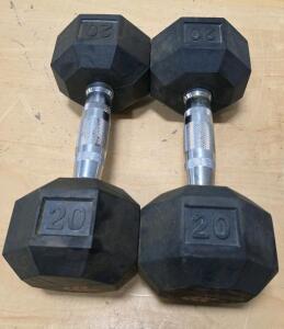 All In Motion 20 lb Hex Dumbbells Pair, Rubber-Coated, Knurled Chrome Handles, Black