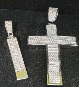 Sterling Silver Cross and Bar Pendants with Cubic Zirconia Pave Setting