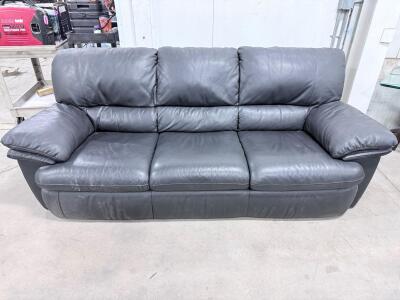 Charcoal Leather Three-Seater Sofa, Attached Cushions, Pillow-Top Arms, 85"x36"x36"