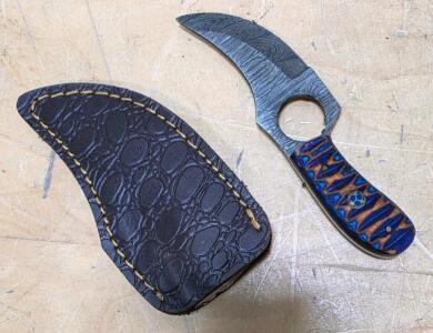 Damascus Karambit Knife, Blue/Gold Wood Handle, Leather Sheath, Mosaic Pin, Full Tang