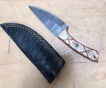 Custom Fixed-Blade Knife, 3.5" Damascus Blade, Stag Handle, Mosaic Pin, Tooled Leather Sheath