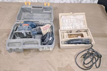 (1) Ryobi Corded 1/4 Sheet Palm Sander W/ Case & (1) Vintage Montgomery Ward Power Craft Rotary Tool W/ Case