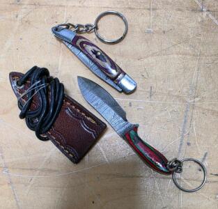 Miniature Damascus Steel Keychain Knives with Leather Sheath and Lanyard