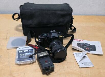 Pentax P3 35mm SLR Film Camera Kit, Takumar K-Mount Lens, Pentax Flash, Case & Manuals
