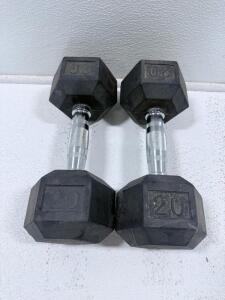 Pair 20 lb Hex Rubber-Coated Dumbbells, Chrome Knurled Handles, 40 lb Total Weight