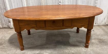 Oval Oak Coffee Table, Medium Brown, 1 Drawer, Turned Legs, 48"x28"x18" ( Trailer 1 )