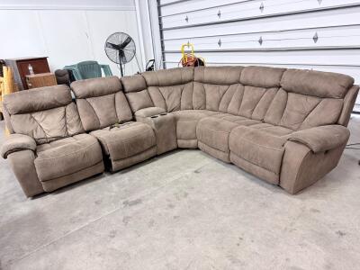 Sectional Reclining Sofa, 6 Seats, Microfiber Upholstery, Cupholders, L-Shaped, Light Brown
