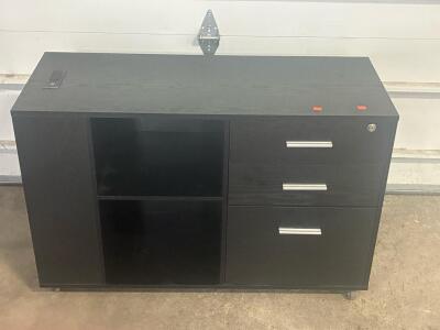 Black Office Credenza Cabinet &ndash; 3 Drawers, Lock, Casters, USB/Power Ports, Open Shelves, 47" Wide