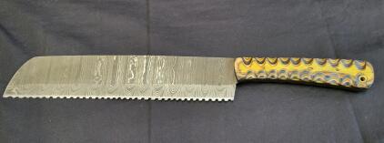 Custom Damascus Bread Knife with Serrated Blade and Sculpted Resin Handle