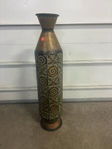Tall Embossed Metal Floor Vase, Brass/Copper Finish, Vintage 32 in, Geometric Floral Motif