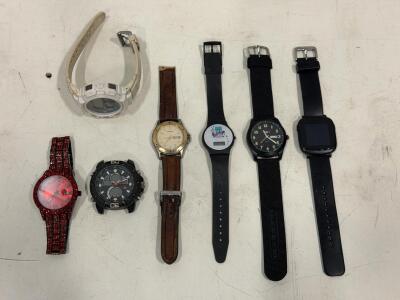 Lot of 7 Assorted Wristwatches&mdash;Analog, Digital, Smart Styles, Lorus, G-Shock Type, Mixed Bands