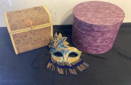 Venetian Style Blue & Gold Masquerade Mask with Beaded Fringe and Decorative Fabric Box