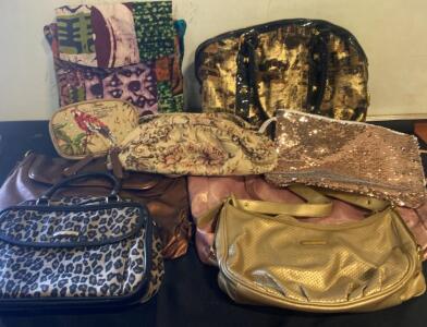 Assorted Lot of 8 Women's Handbags: Liz Claiborne, Leopard, Metallic, Tapestry, Sequins