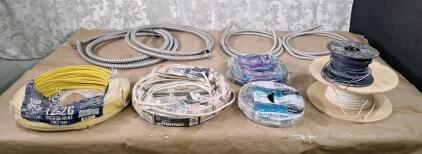 (6) Rolls Of Assorted Wire, (4) Assorted Length Pieces Of Flexible Conduit & Tote Of Assorted Electrical Supplies