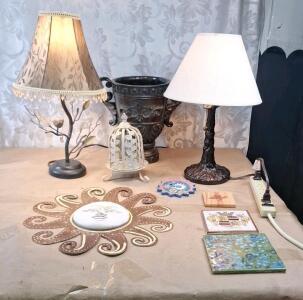 (2) Vintage 18" Table Lamps, (1) Powerstrip & Assorted Home Decor