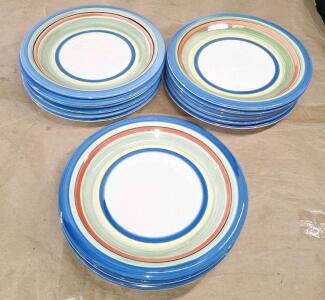 (17) Vintage Gibson Rainbow Striped Hand Painted Rim Ceramic 10.5" Dinner Plates
