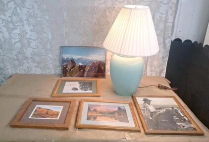 (1) 22" Teal Ceramic Table Lamp & (5) Framed Natural Scenery & Outdoor Photographs