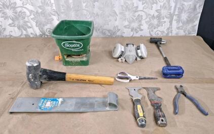 (1) 5-Lb Hand Sledge, (1) 16" Knuckle Head Pull Bar, (1) Scotts Handy Green II Hand Spreader & Assorted Hand Tools