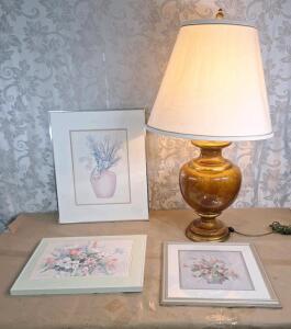 (1) 30" Brown Brass-Accented Table Lamp & (3) Pieces Of Framed Floral Wall Art