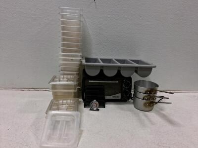 Commercial Kitchen Lot: Better Chef Toaster Oven, 10 Food Pans, 3 Saucepans, Utensil Organizer (Turns On)