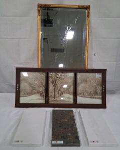 Set of 3 Silestone Quartz Samples, Gold Mirror, Bombay Co. Triple Photo Frame