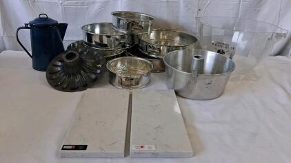 Silestone Lagoon Quartz Decor, Metal Bakeware, Enamel Coffee Pot & Punch Bowl Mixed Lot