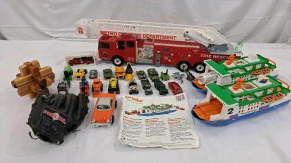 Bruder Ferry 7702, Metro City Fire Truck, 20+ Toy Vehicles, Puzzle, T-Ball Glove Lot