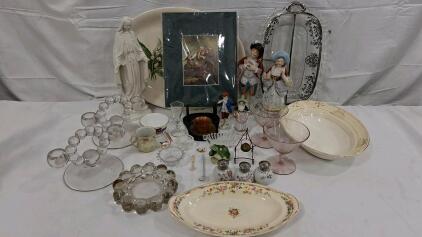Vintage Porcelain Figurines, Pink Depression Glass, Spirit of '76 Print, Assorted Decorative Lot