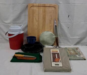 Camping Kitchen & Cabin Gear Set: Insulated Jug, Farberware Board, Knives, Enamelware, Curtains