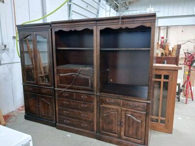 3-Piece Traditional Walnut Finish Modular Wall Unit Entertainment Center with Glass Display