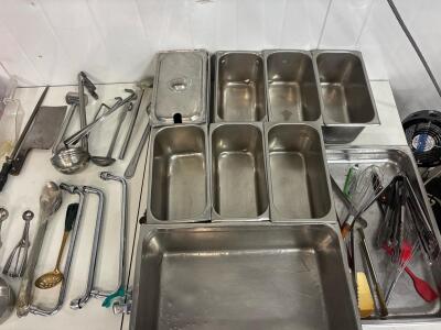 Commercial Kitchen Lot &ndash; Stainless Steel Food Pans, Utensils, Whisks, Ladles, Tongs Assortment