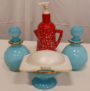 Vintage Blue Milk Glass Dresser Set, 4-Piece, Perfume Bottles, Powder Dish, Lotion Dispenser