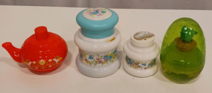 Vintage Emsa Red Plastic Teapot, Federal Glass Golden Glory Milk Glass, Akro Agate Green Egg