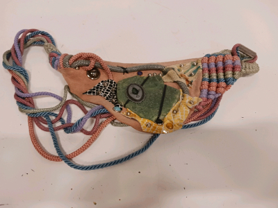 Handmade Maneti Multicolor Suede Waist Bag with Ceramic Accent and Braided Rope Strap