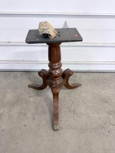Antique Wooden Pedestal Table Base with Carved Legs and Brass Claw Feet