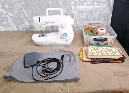 SINGER Fashion Mate Sewing Machine W/ Accessories, Dust Cover & Small Bin Of Assorted Craft Supplies