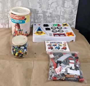 (1) Vintage Playskool Colored Block Set, (1) Jar Of Vintage Marbles, (1) MagCreator Building Set & (1) Bag Of Legos